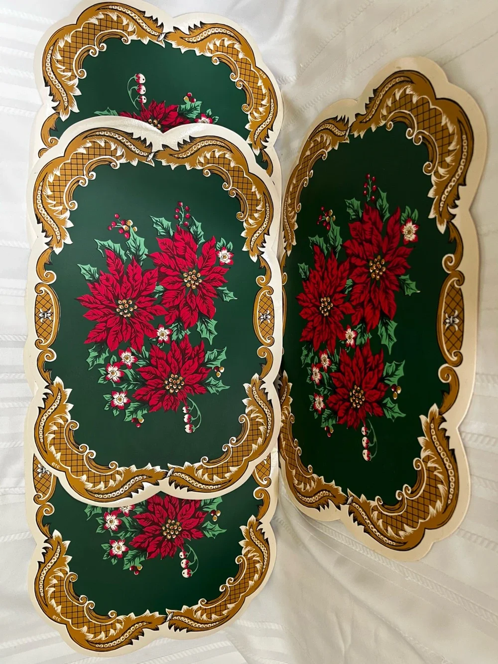 Vintage Set of 4 Christmas Pointsettia Vinyl Placemats Holiday Decor Table Gold